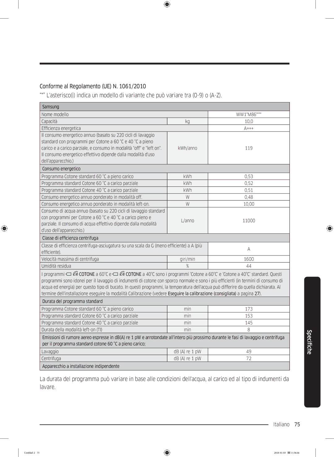 Samsung WW10M86INOA/ET manual Italiano 75  